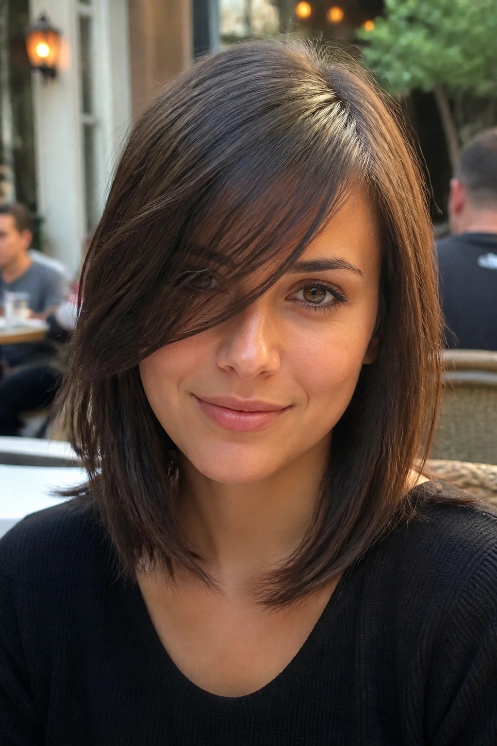 Close-up of a real woman wearing side-swept inverted bangs with a diagonal sweep across the forehead.