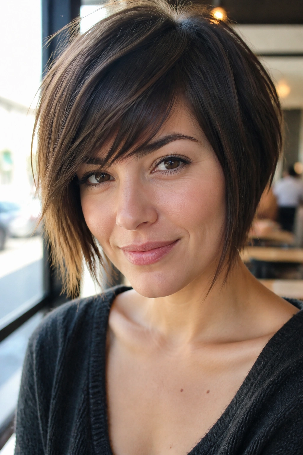 Portrait of a real woman with side-swept choppy bangs across the forehead