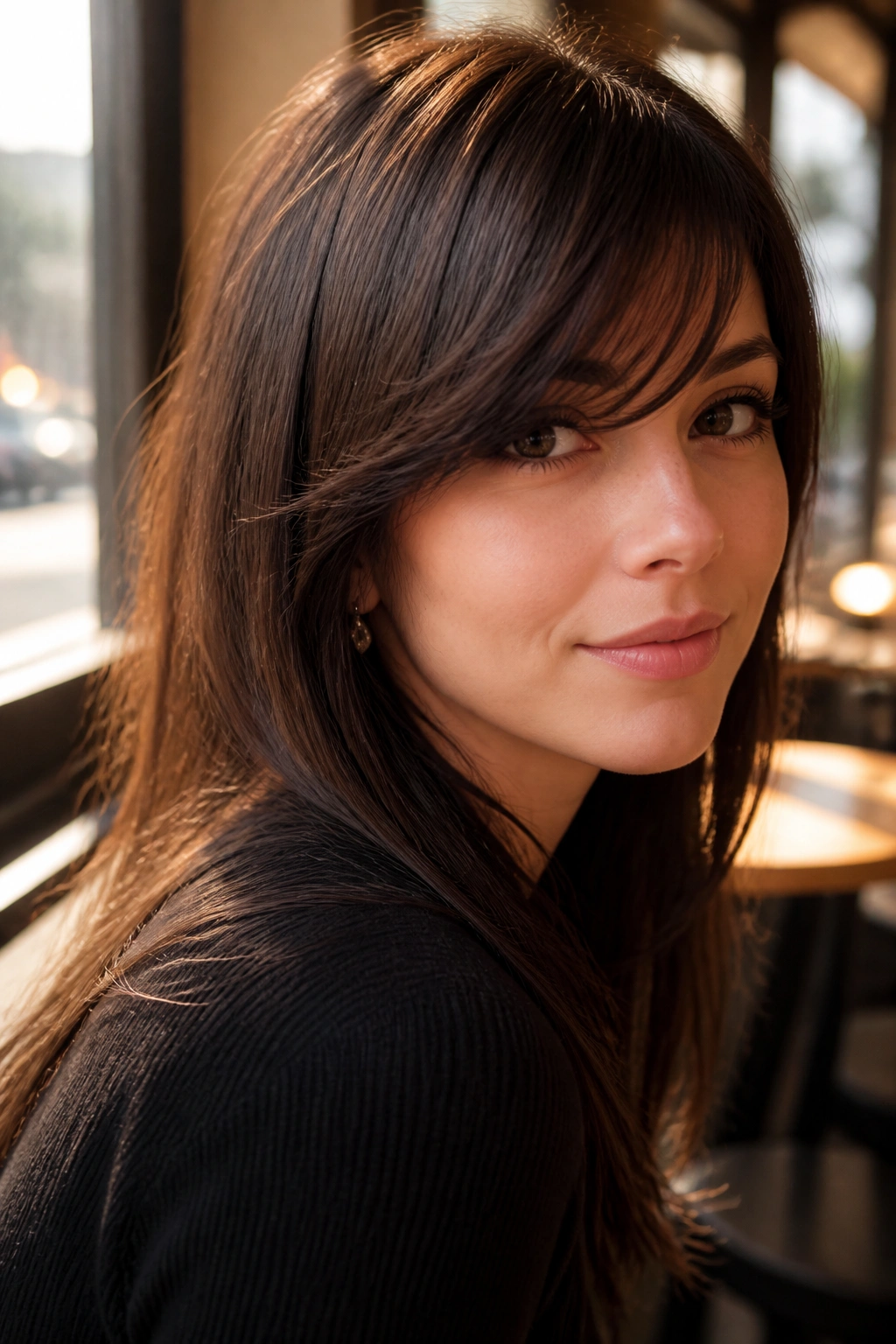 Close-up portrait of a real woman with side-swept French bangs