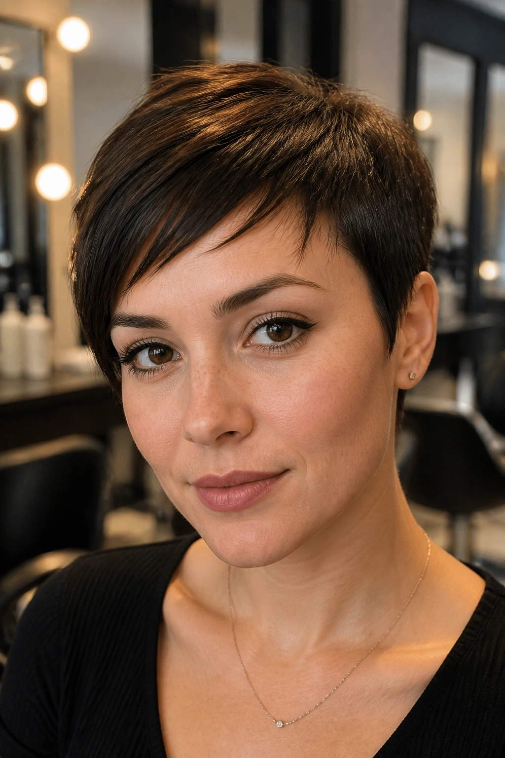 Portrait of a real woman with side-swept bangs in a warm hair salon