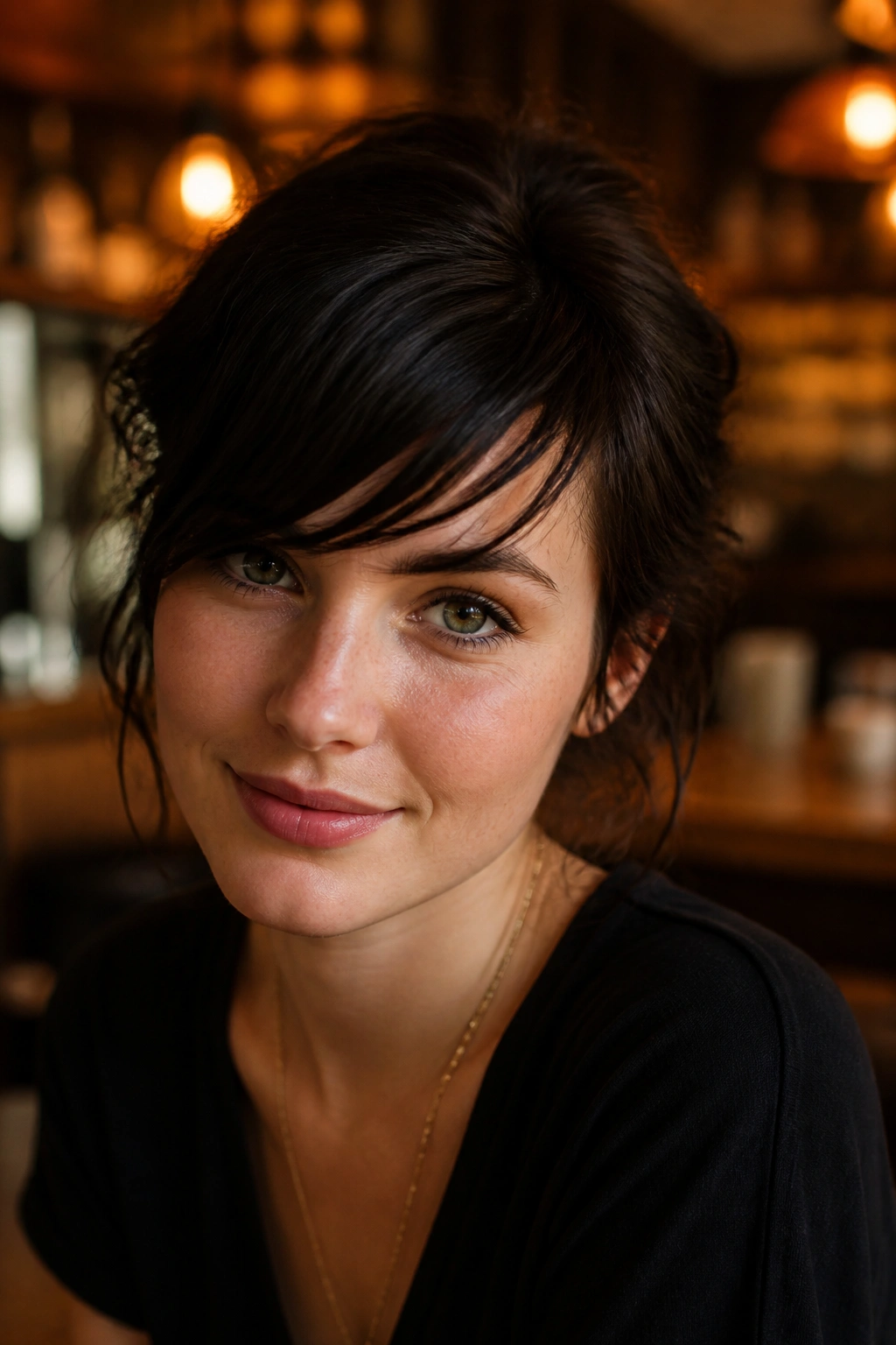 Close-up of a real person with side-swept baby bangs