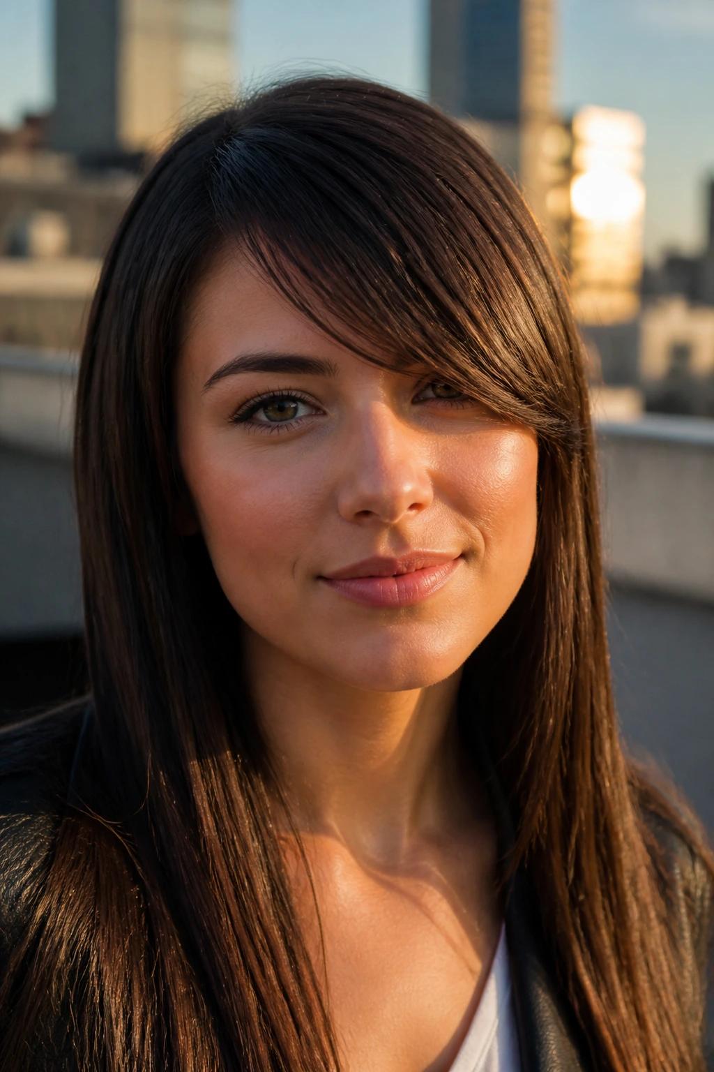 Close-up portrait of a real woman with side-swept bangs and straight hair at golden hour.
