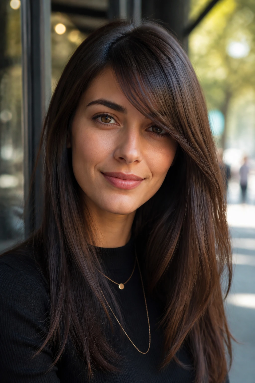 Portrait of a real person with side-swept bangs framing the face.