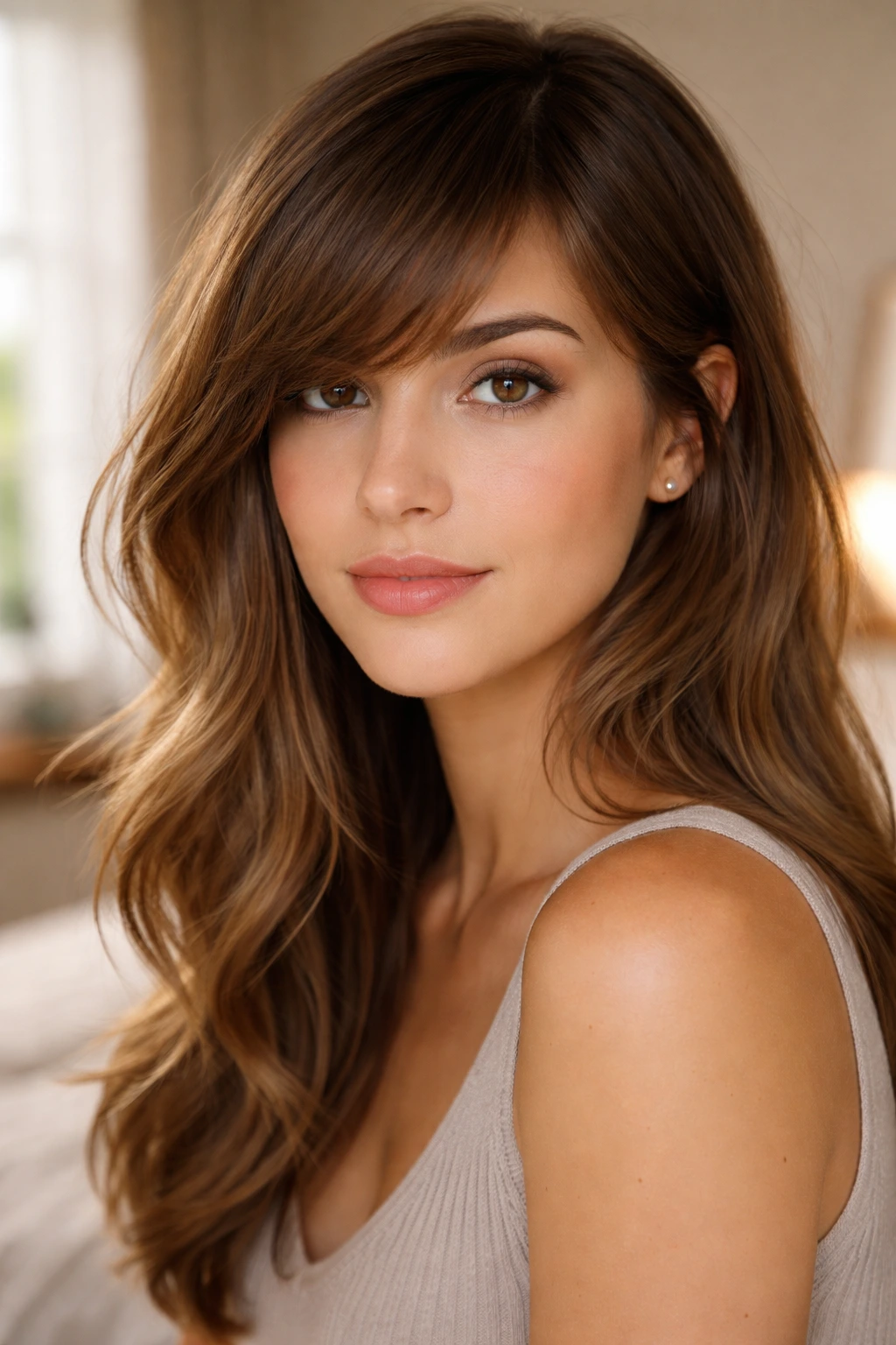 Close-up portrait of a real woman with side-swept bangs in warm natural light
