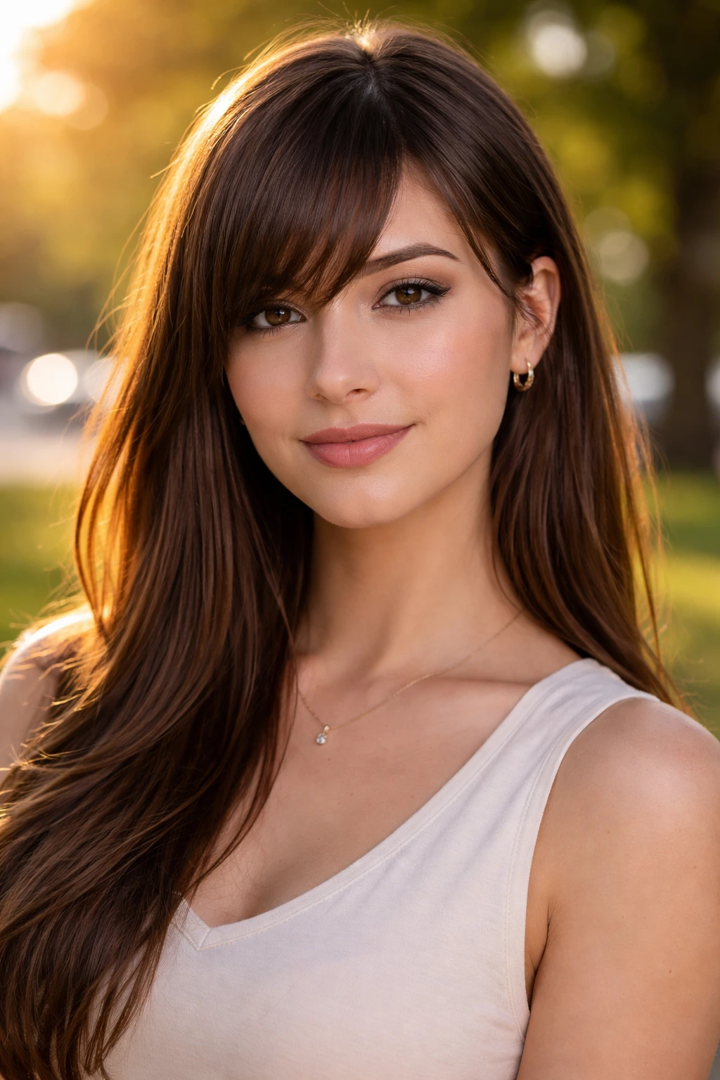 Close-up portrait of a real woman with side-swept straight bangs in a park at golden hour