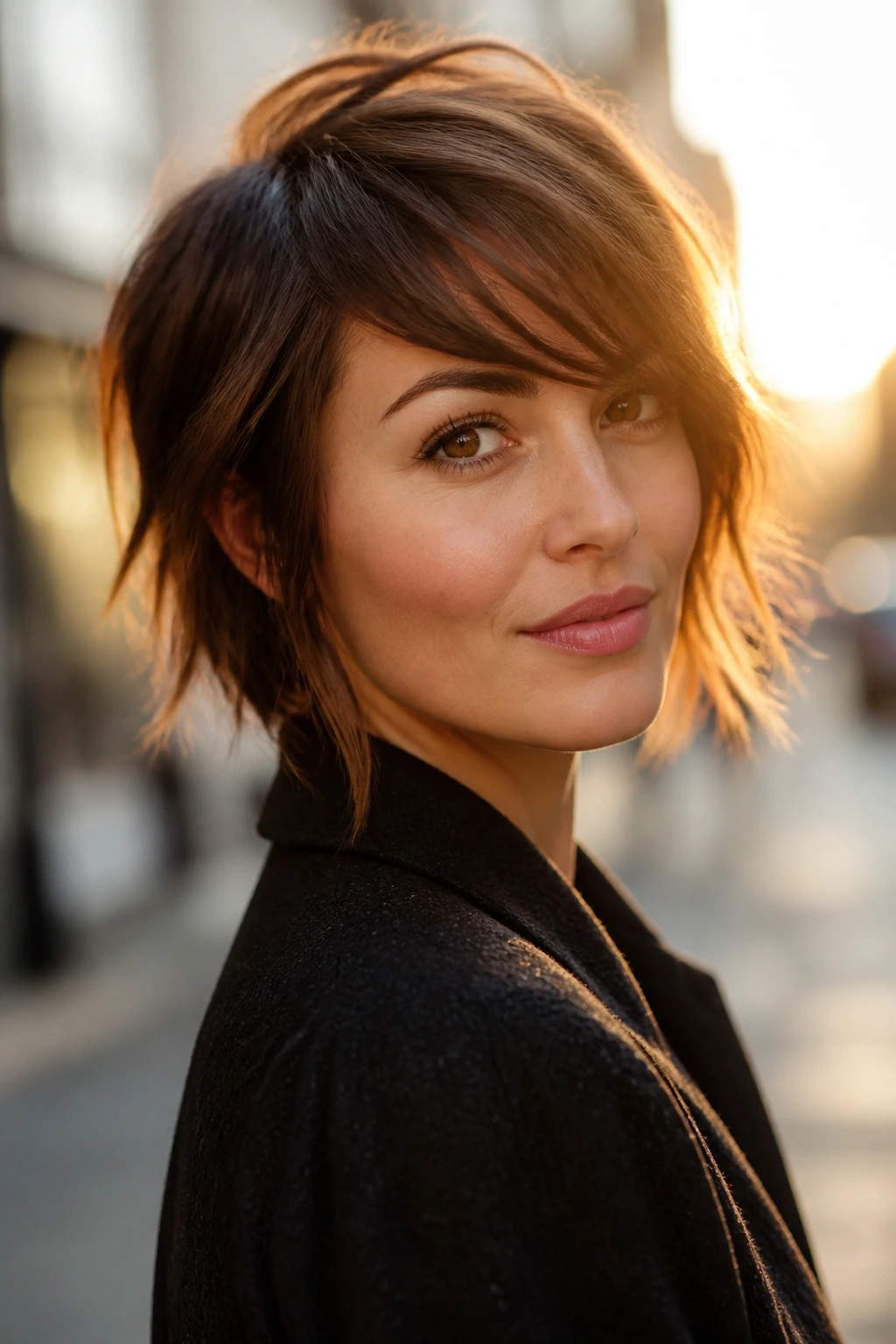 Portrait of a real woman showing side-swept bangs across the forehead.