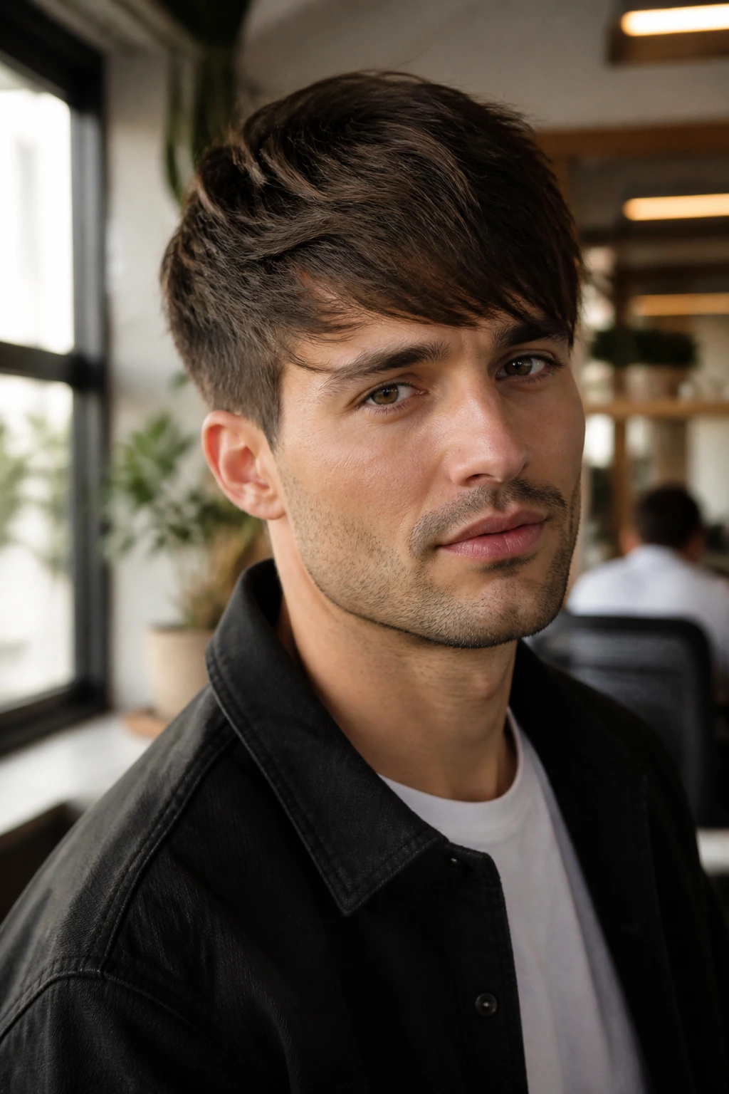 Real man with side-swept bangs across the forehead