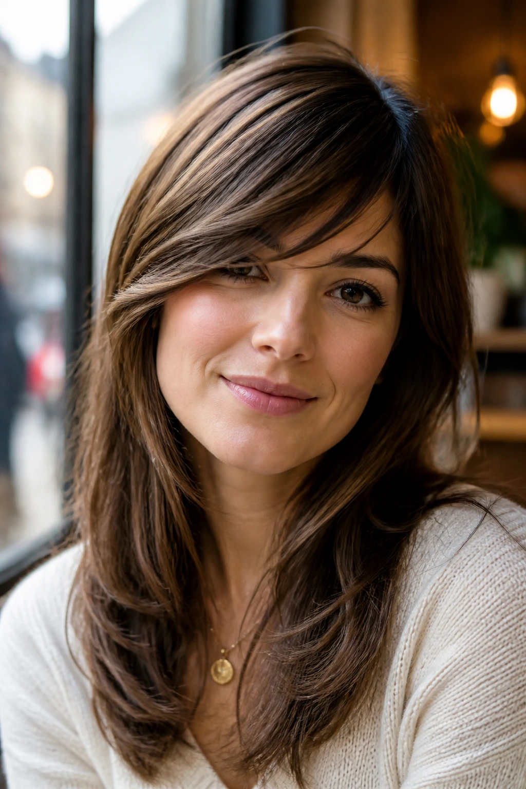 Close-up portrait of a real woman with side-swept feathered bangs
