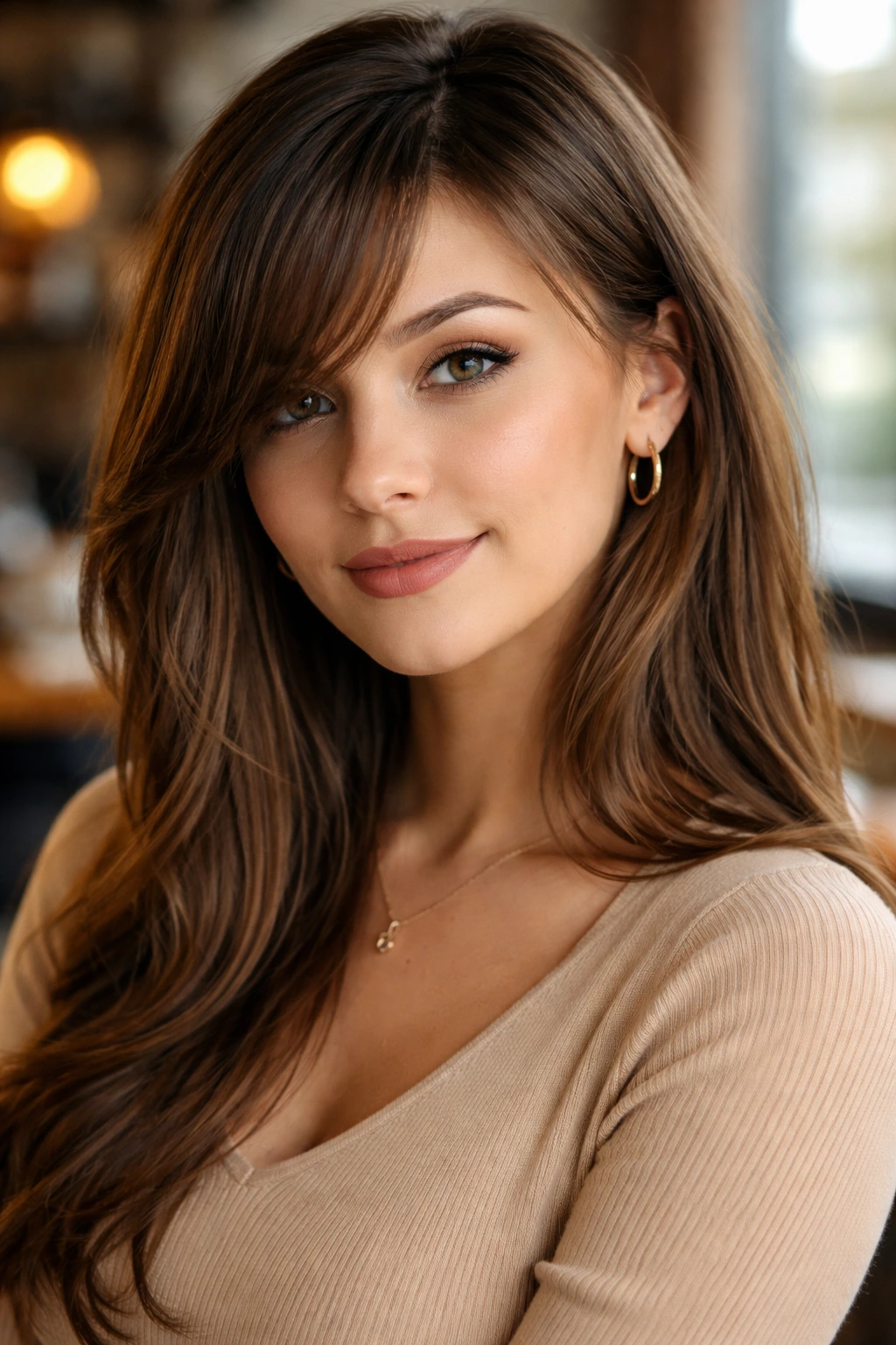 Real woman with long side-swept bangs in a cafe setting.