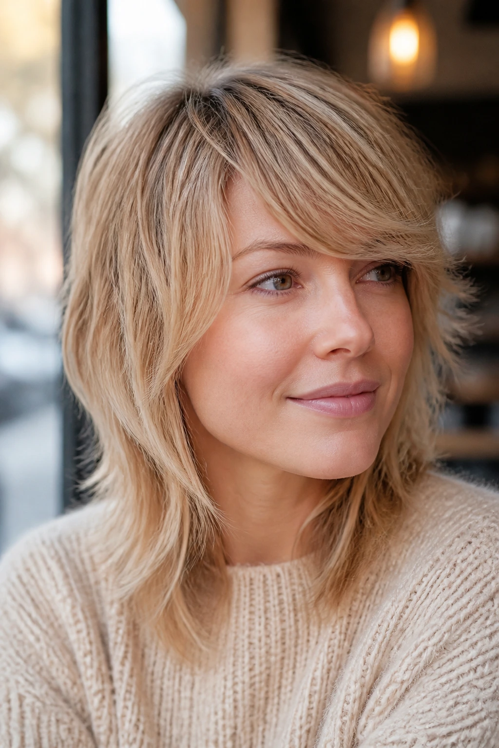 Close-up portrait of a real woman with side-swept blonde shag bangs
