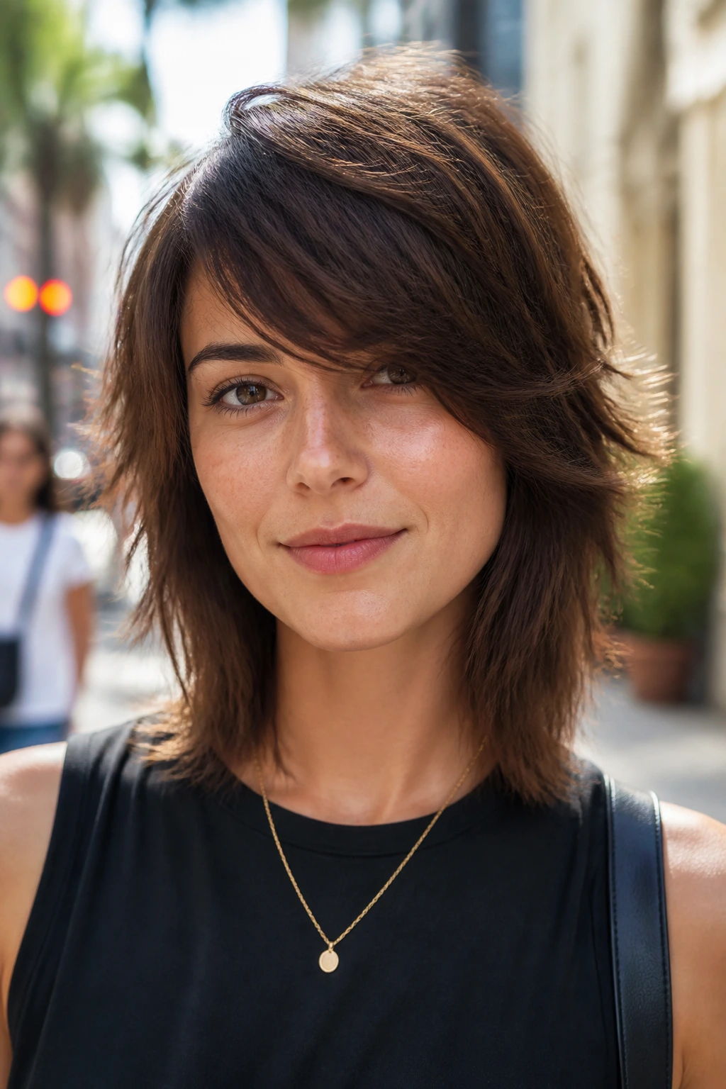 Close-up of a real person with side-swept bangs in a shag haircut.