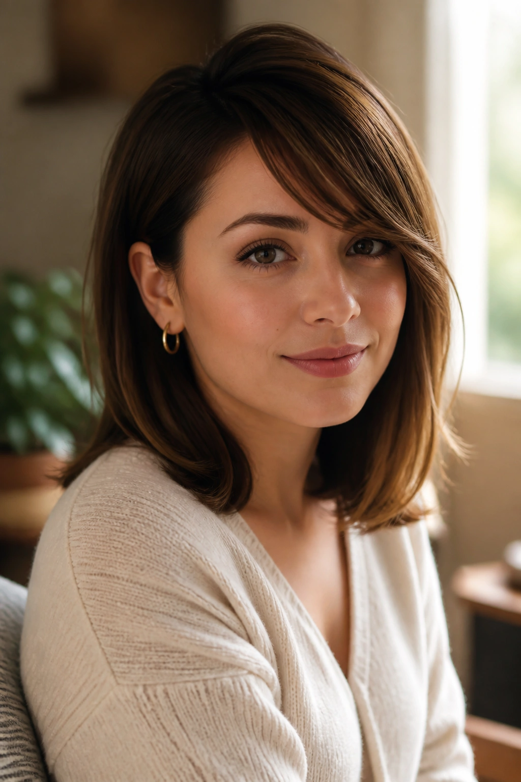 Side-swept bangs framing a shoulder-length haircut on a real person.