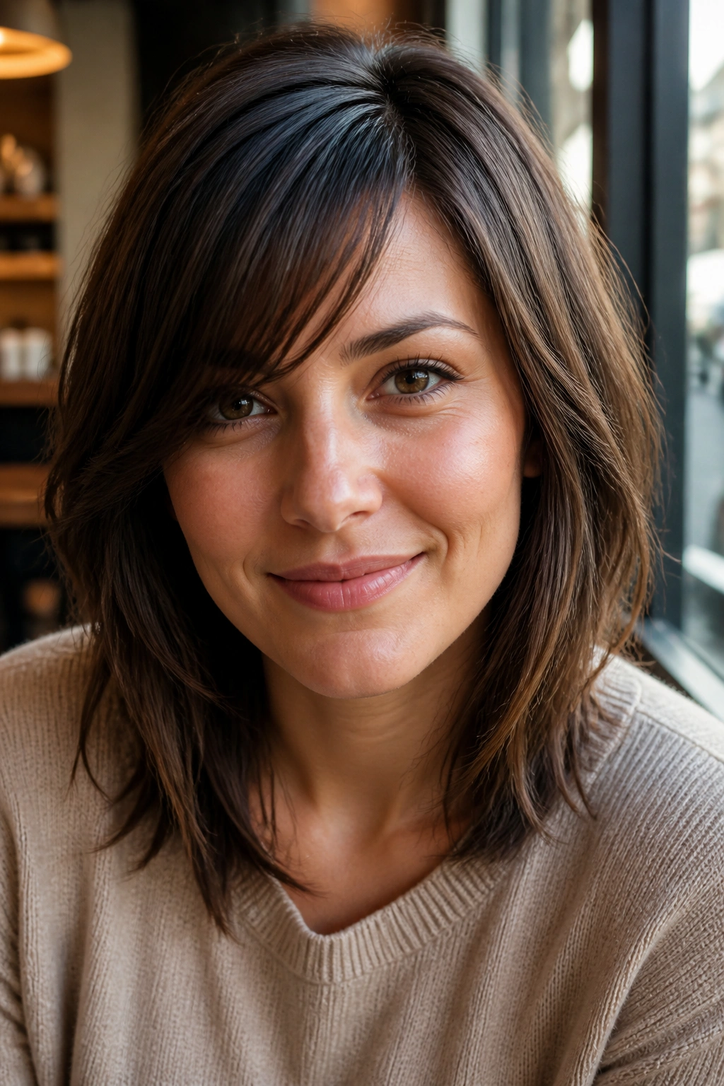 Close-up of a real person with side-swept bangs and shoulder-length layers in cafe light