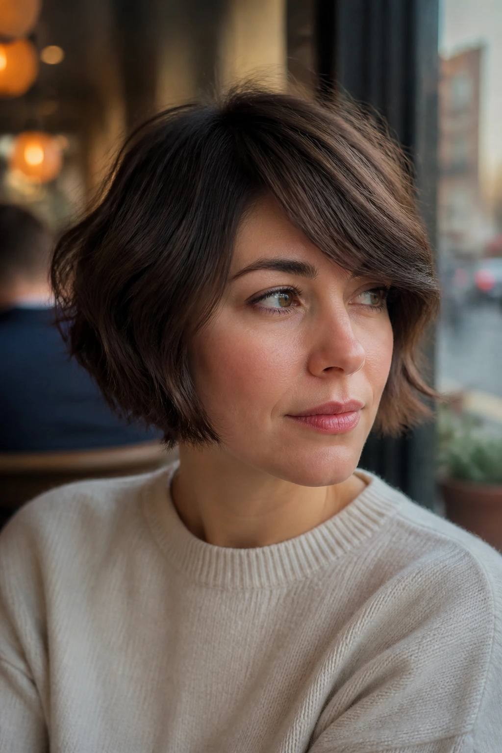 Real woman with side-swept bangs and soft volume bob in cafe light.