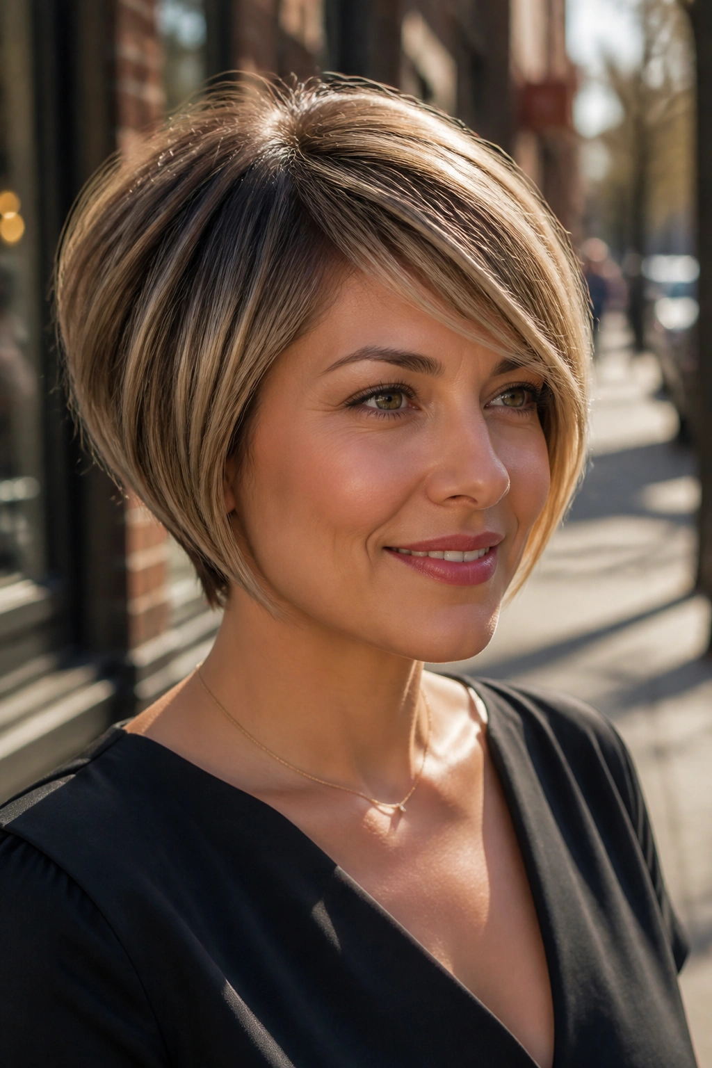Portrait of woman with side-swept bangs and stacked bob on city sidewalk