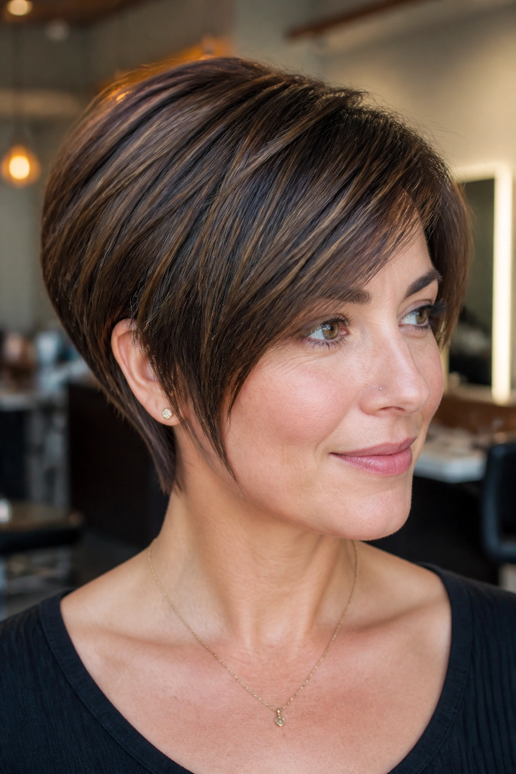 Close-up of a real woman with a side-swept bang stack bob and tapered temples.