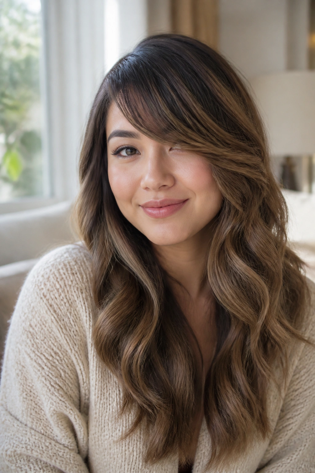Portrait of a real woman with side-swept bangs and cascading waves
