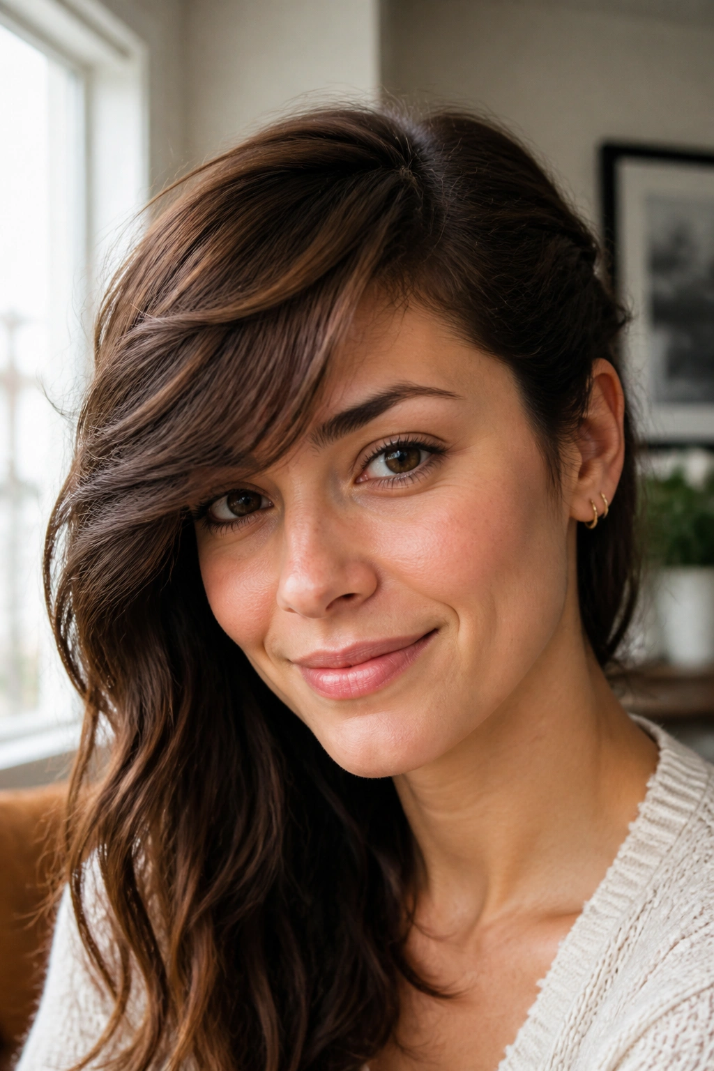 Close-up of a real woman with deep side-swept wavy bangs tucked behind the ear