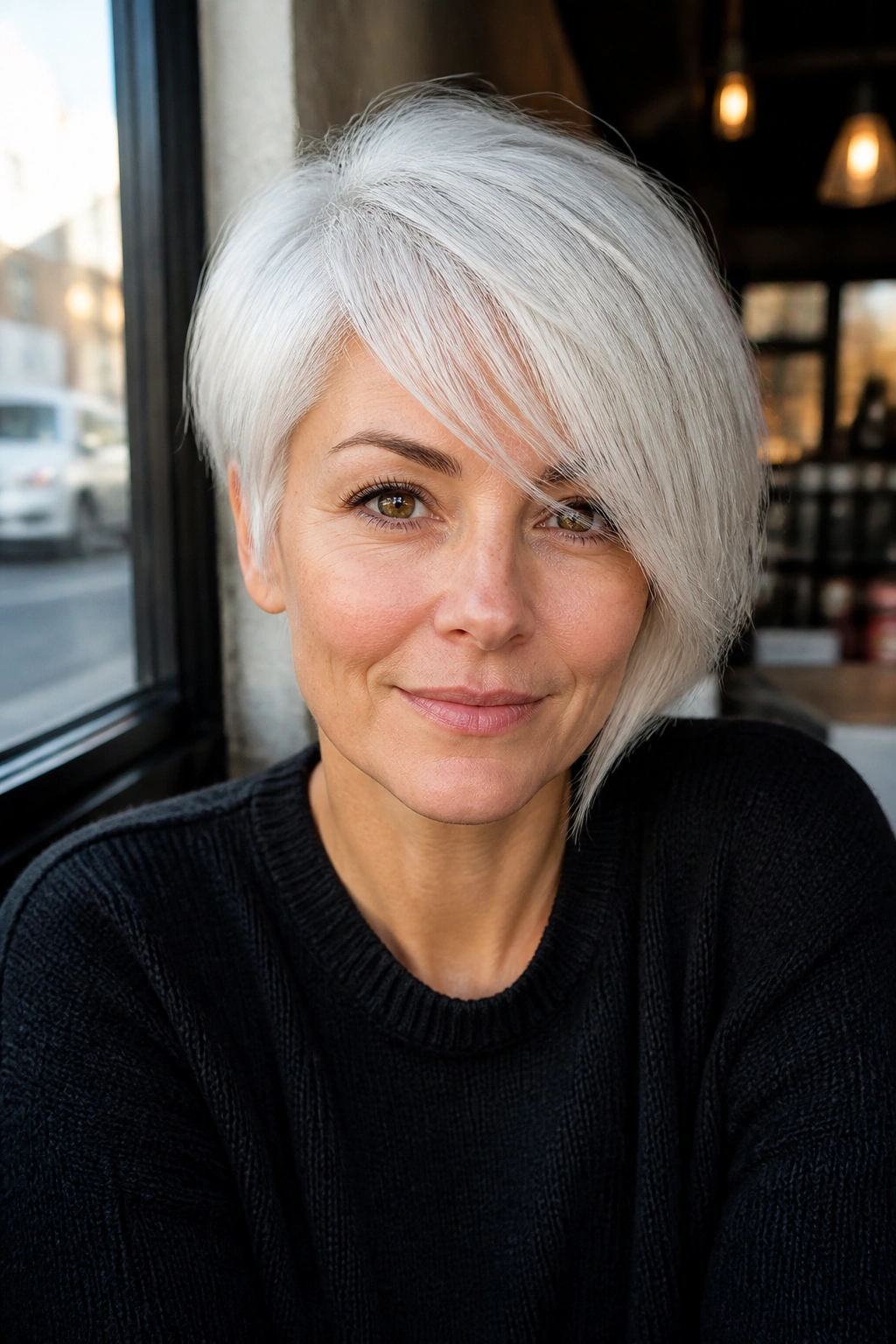 Portrait of a person with side-swept white bangs across the forehead.