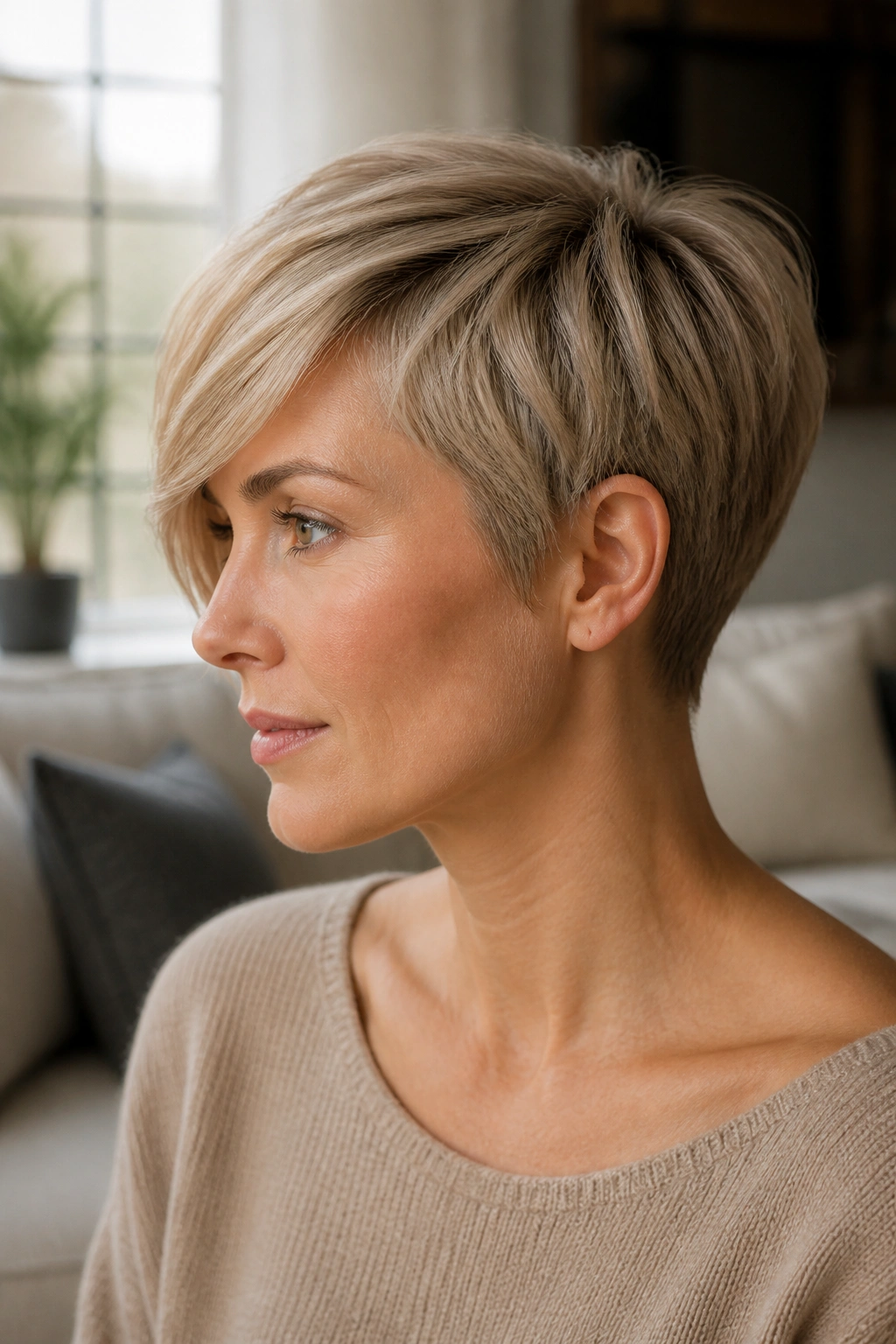 Profile of real woman with side-swept beige pixie and long fringe