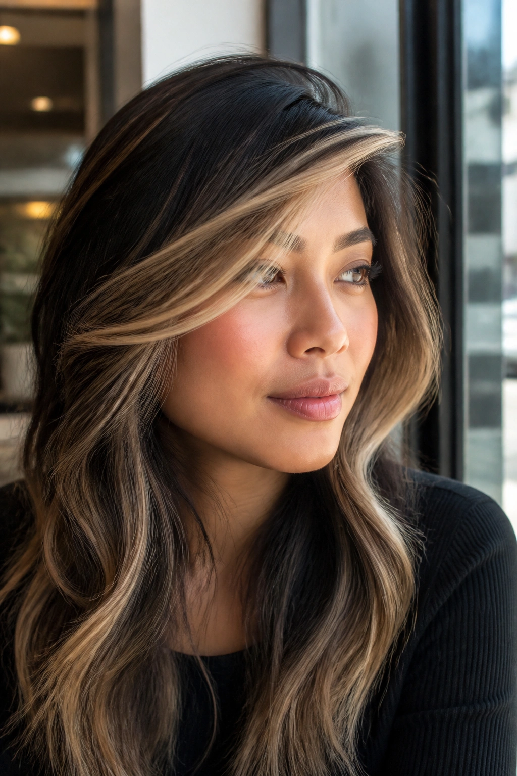 Portrait of a real woman with side-swept blonde streaks breaking width on a round face.
