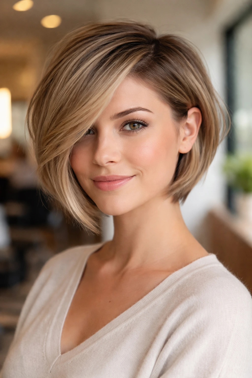 Close-up of a real woman with a deep side-parted, asymmetrical bob.
