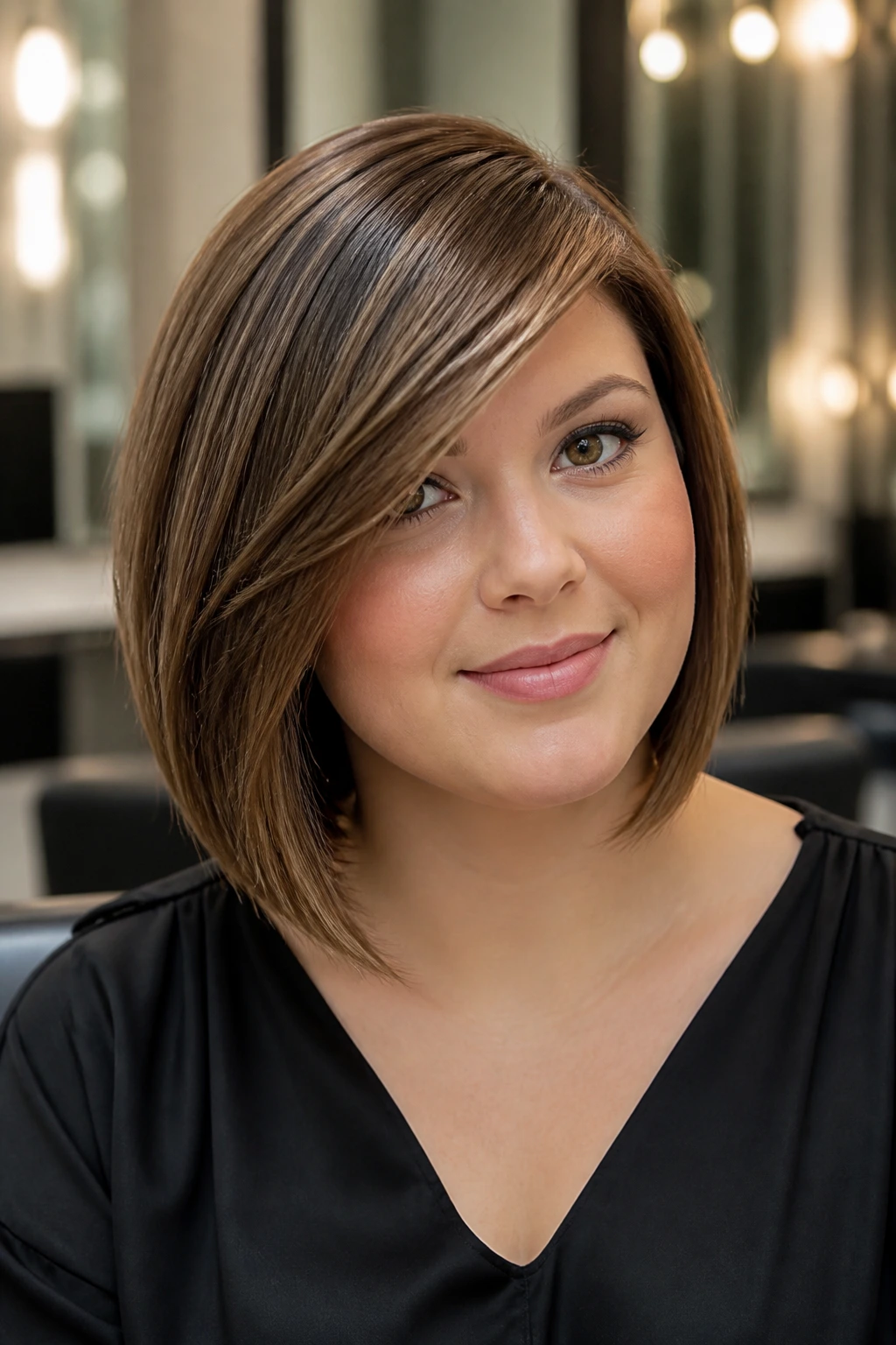 Close-up of a real woman with a side-swept bob and beveled ends in a chic salon.