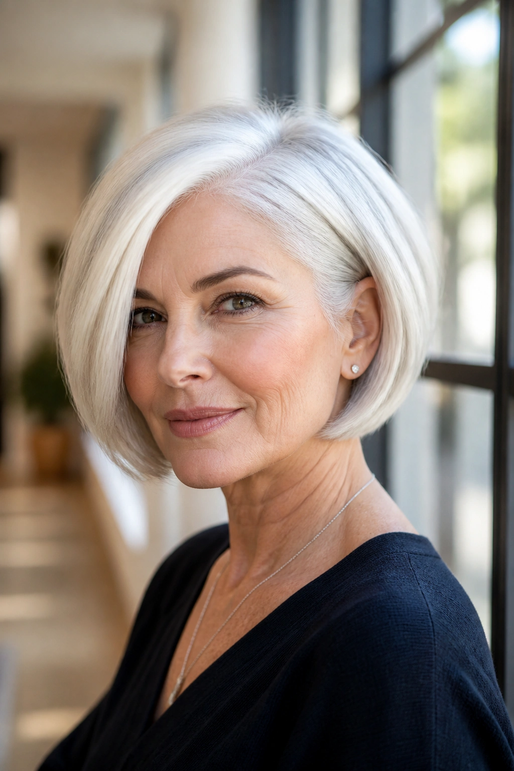Real person with side-swept bob that widens the crown in natural light