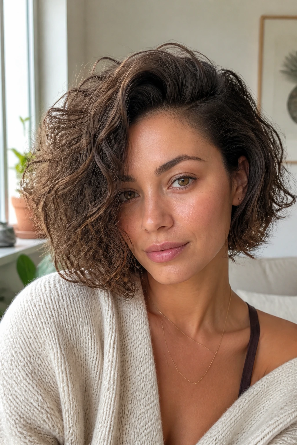 Medium close-up of side-swept volume bob with deep part on a real person in natural light