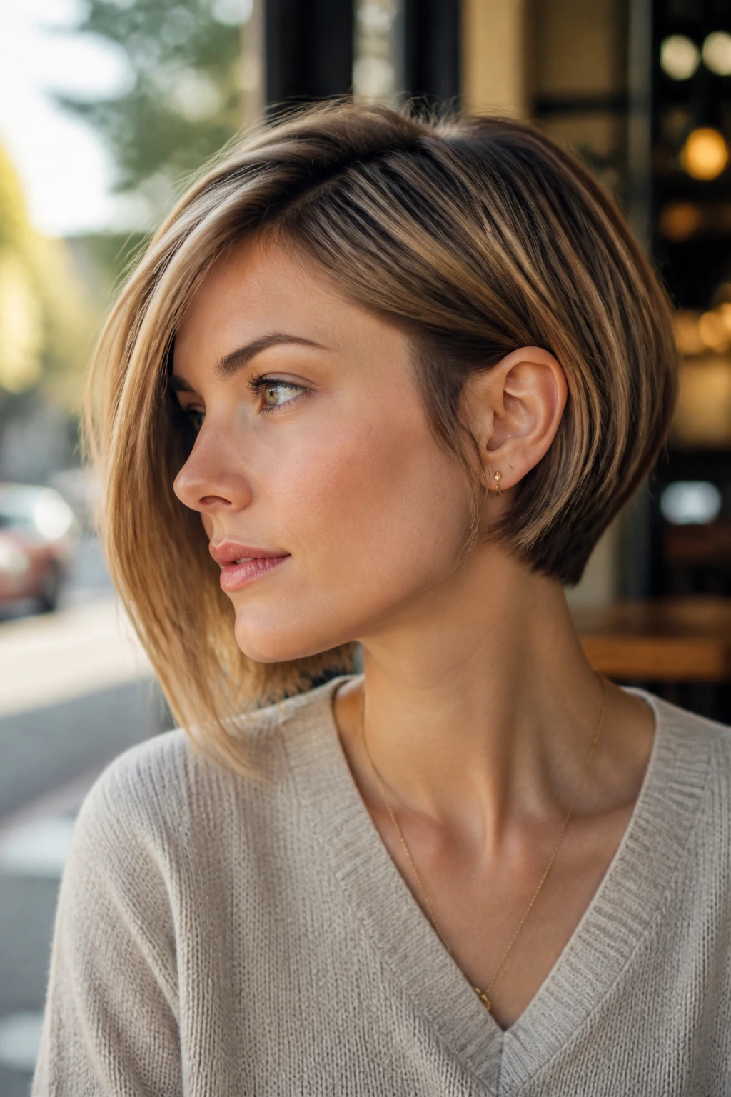 Close-up of real woman with side-swept bob and ear-length opening
