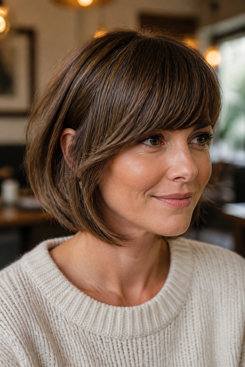 Real person with side-swept bob and full fringe in a warm interior