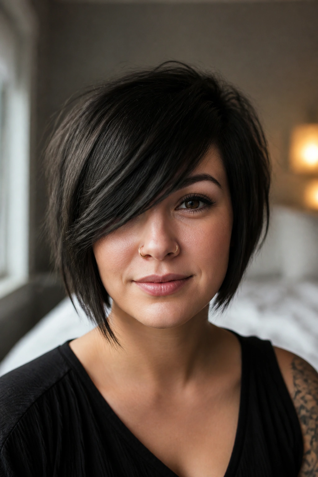Real woman with heavy fringe side-swept bob in natural light