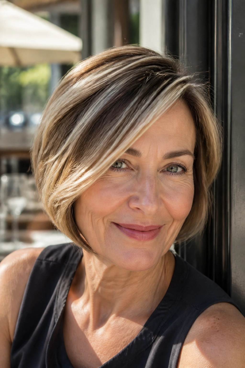 Real woman with side-swept bob and face-brightening front streaks