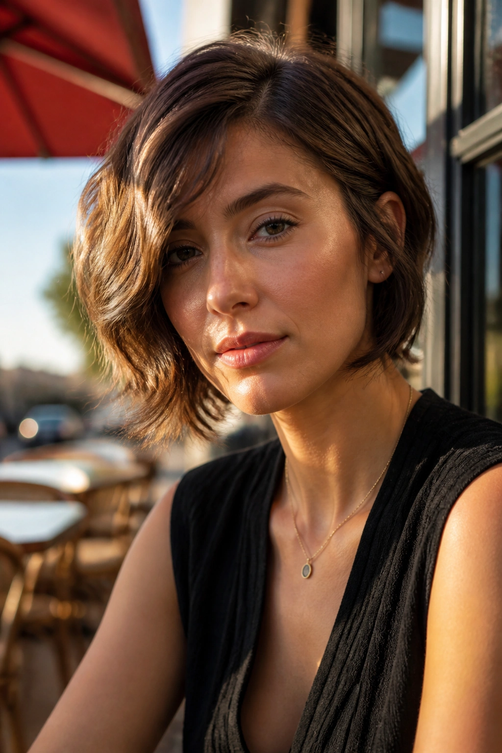Close-up portrait of a real woman with side-swept jaw-hugging bob in warm evening light