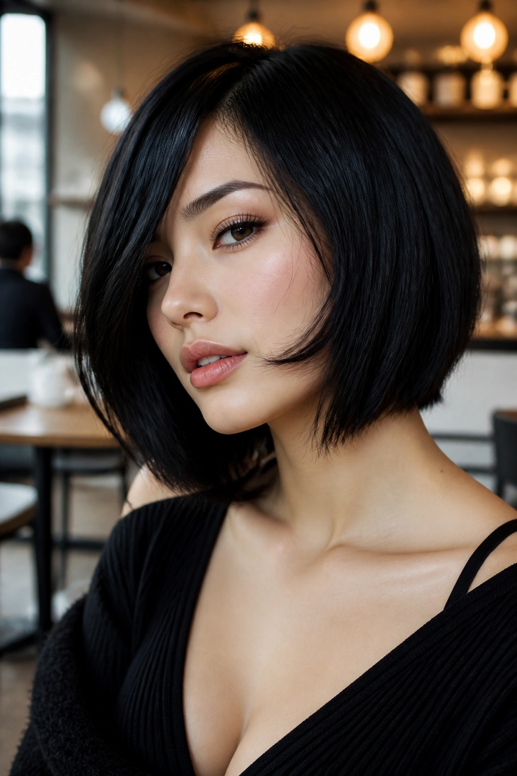Portrait of a woman with a side-swept jet-black bob across her cheekbones.
