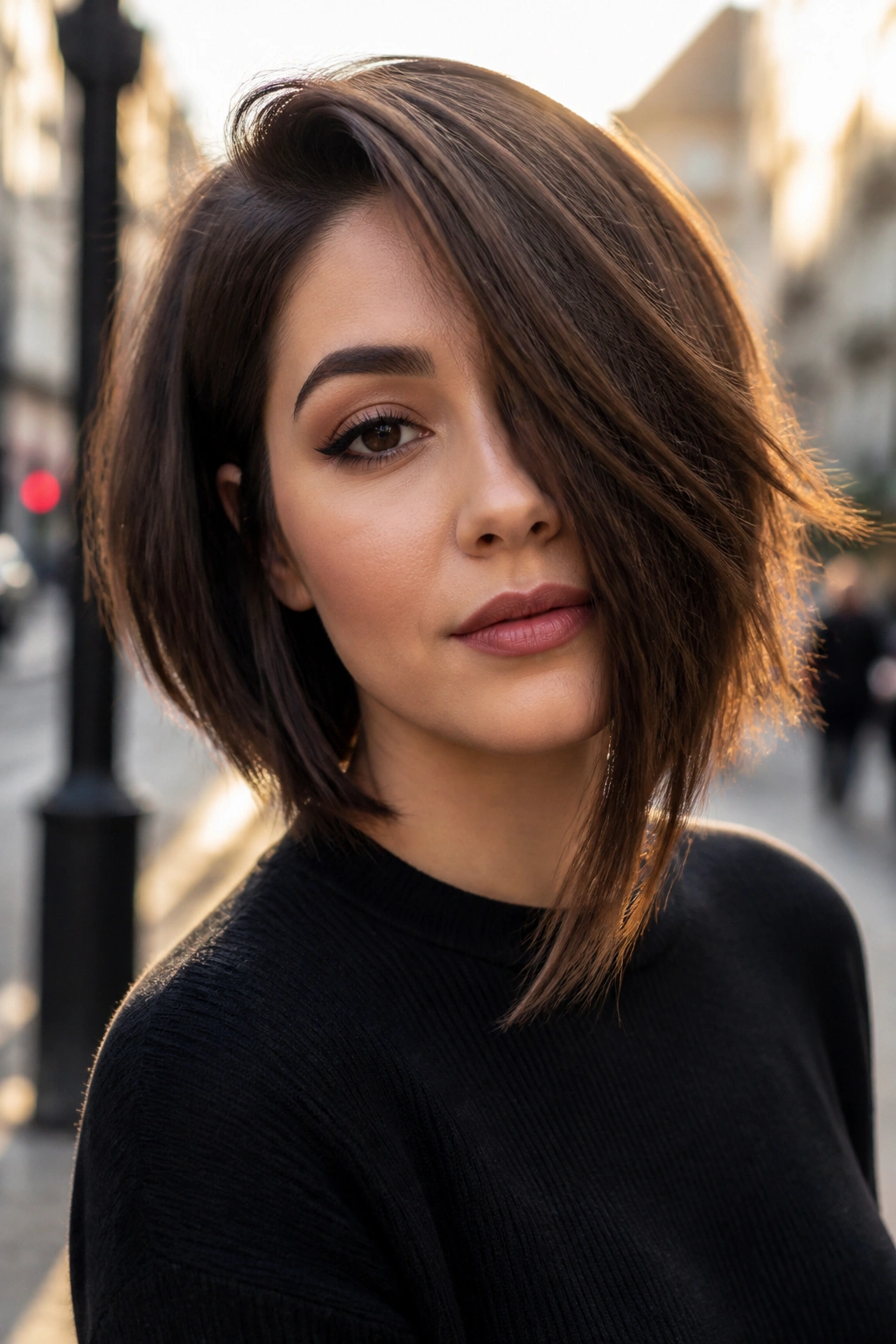 Close-up of a real woman with a deep side-swept bob and long front pieces in golden hour light