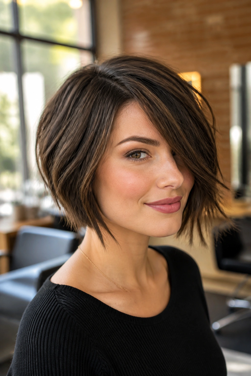 Close-up portrait of a woman with a side-swept bob and piecey ends, off-center part, natural window light