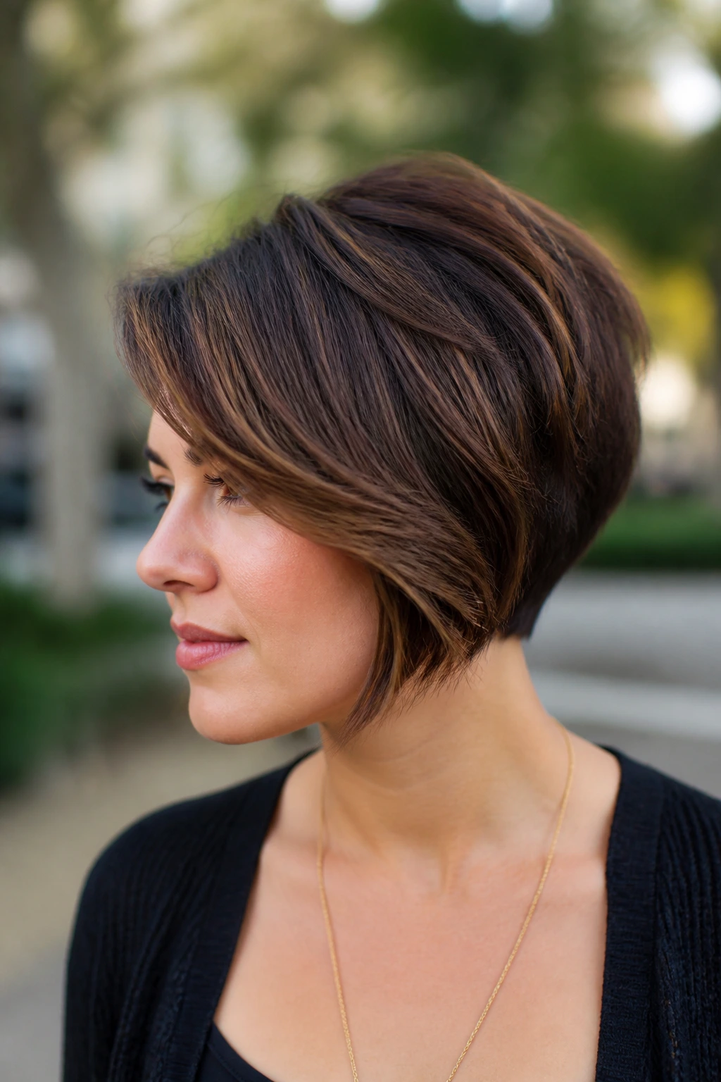 Side-swept bob with temple volume portrait in natural outdoor light