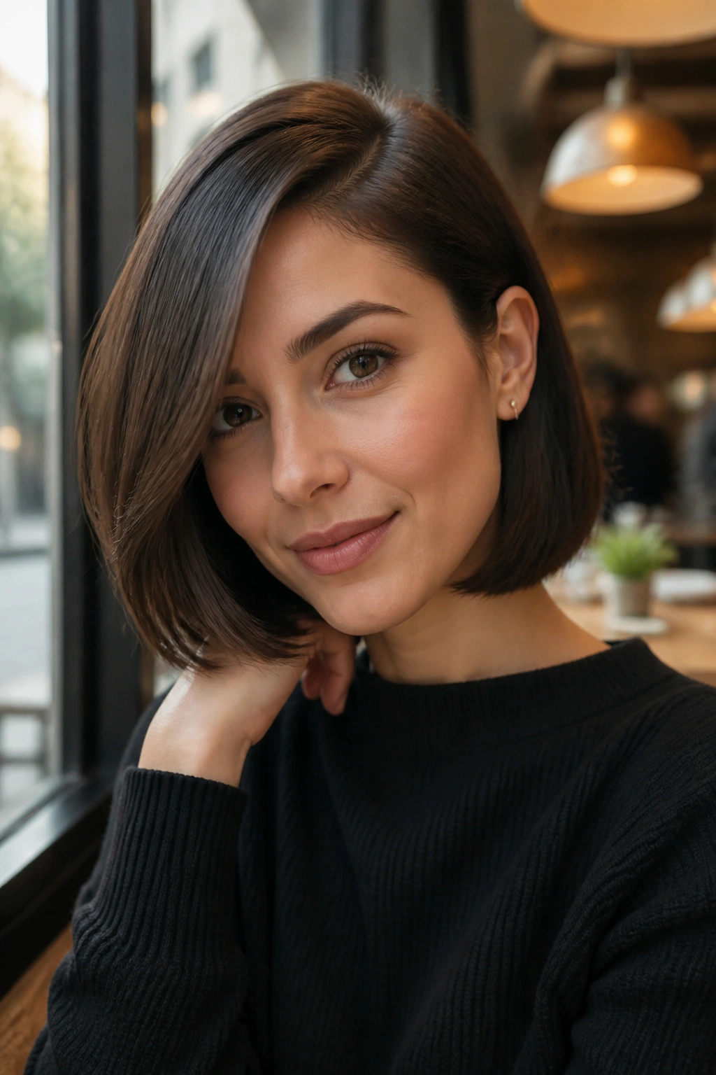 Close-up of a woman with a side-swept bob tucked behind the ear
