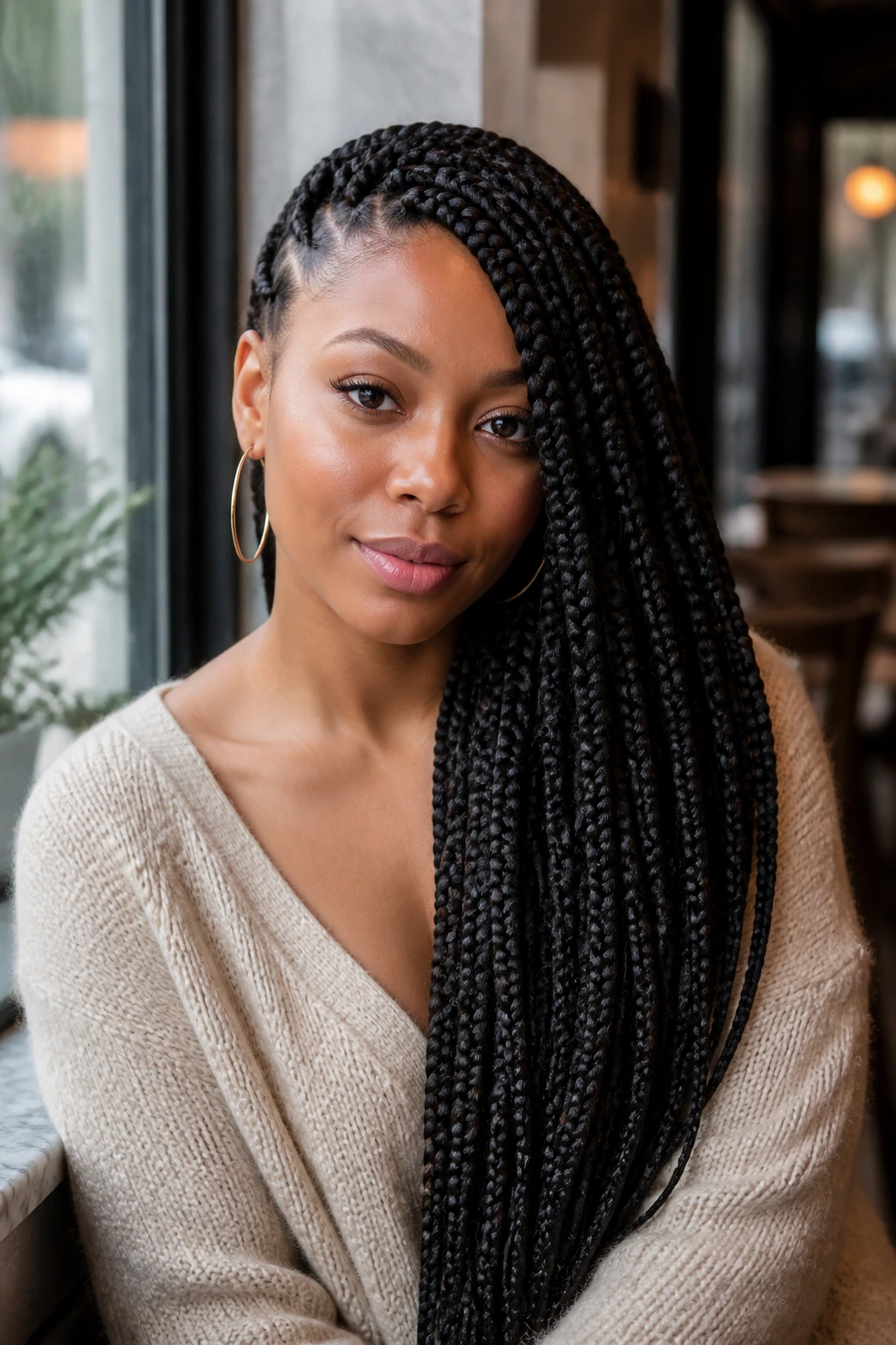 Side-Swept Big Box Braids on real woman with braids over shoulder