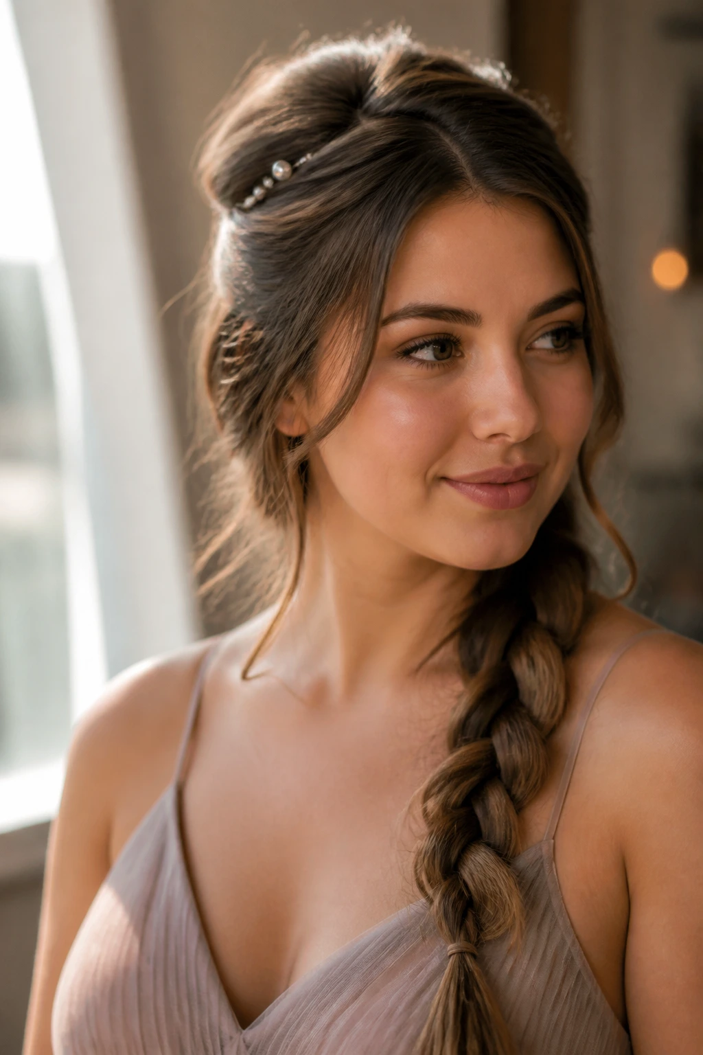 Close-up of a real woman with a side-swept braid and pinned crown