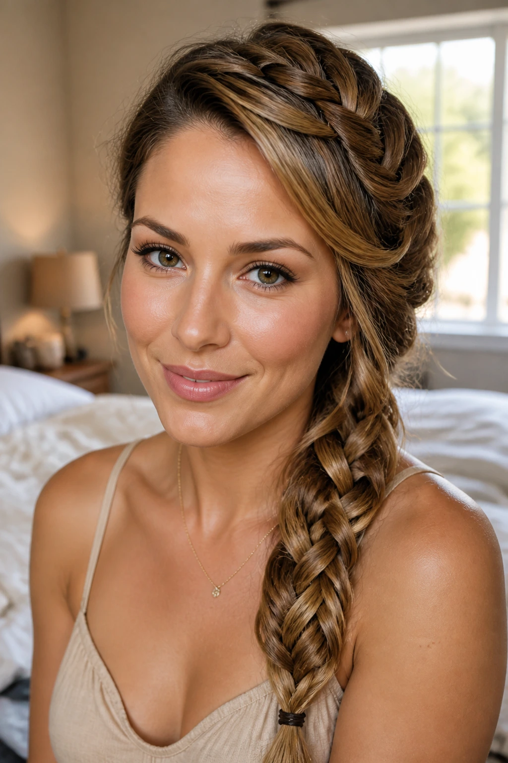 Close-up of a real woman with a side-swept French braid over one shoulder