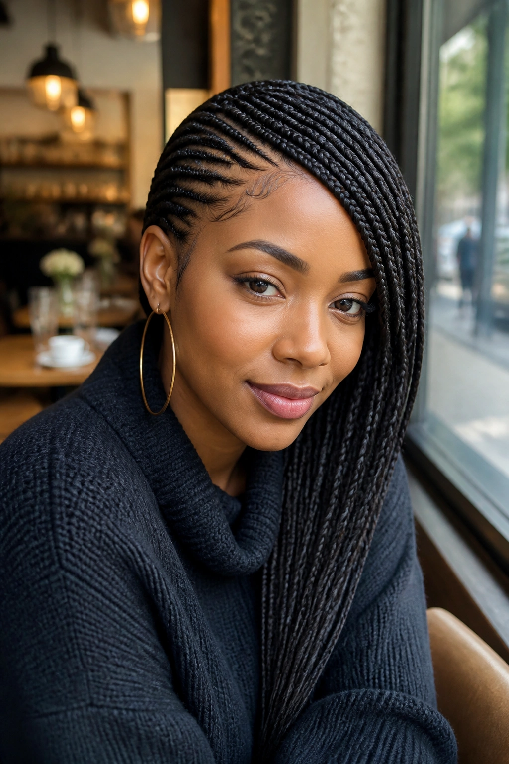 Close-up of a woman with side-swept braids