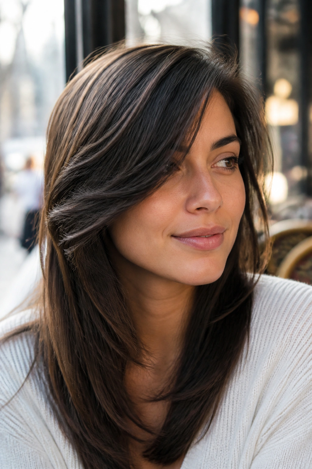 Portrait of a real woman with side-swept layered brunette hair along the jaw.
