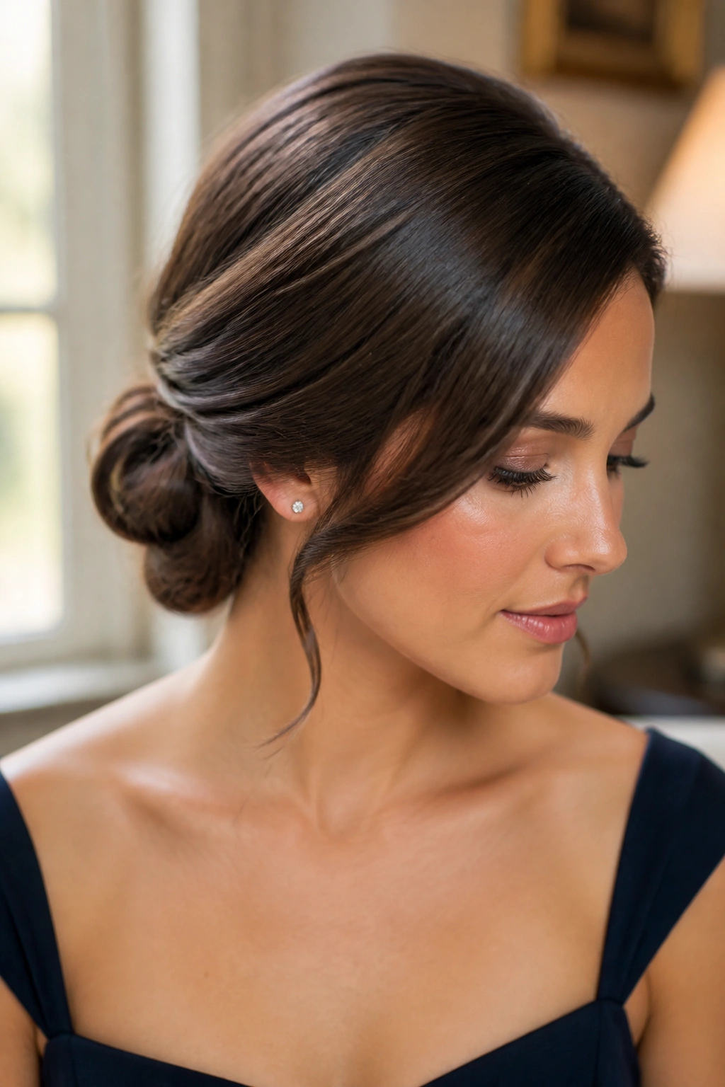 Close-up of a real woman with a side-swept rolled bun