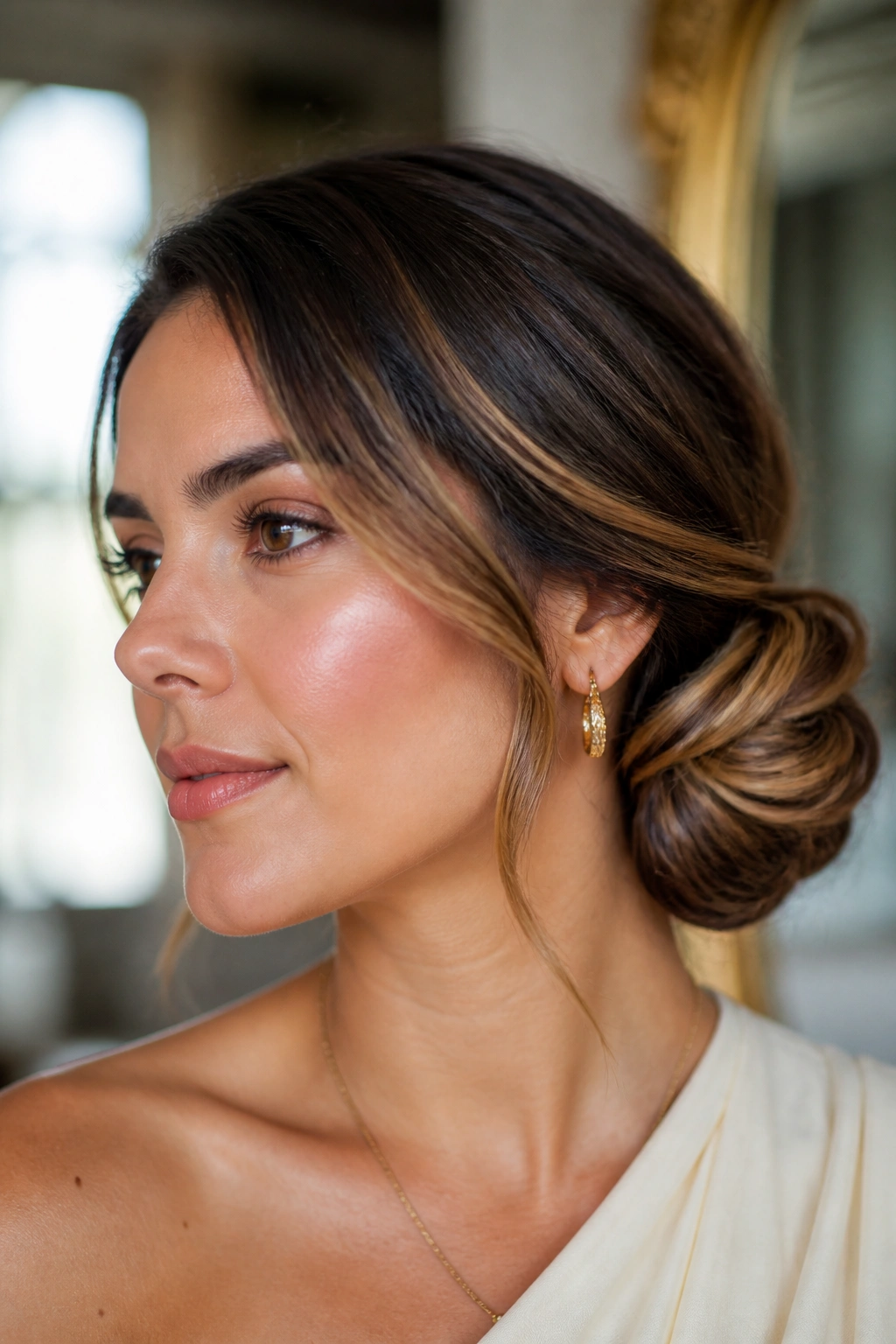 Close-up portrait of a real person with a side-swept chignon behind the ear.