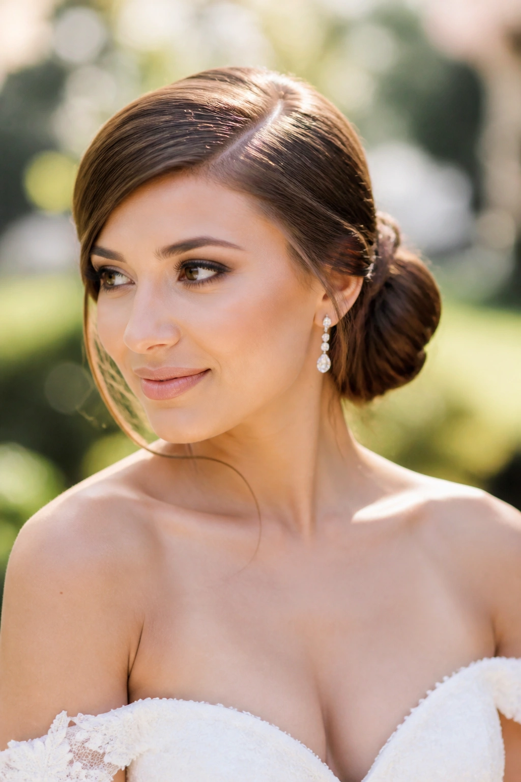 Bride with deep-part side-swept chignon and off-center bun