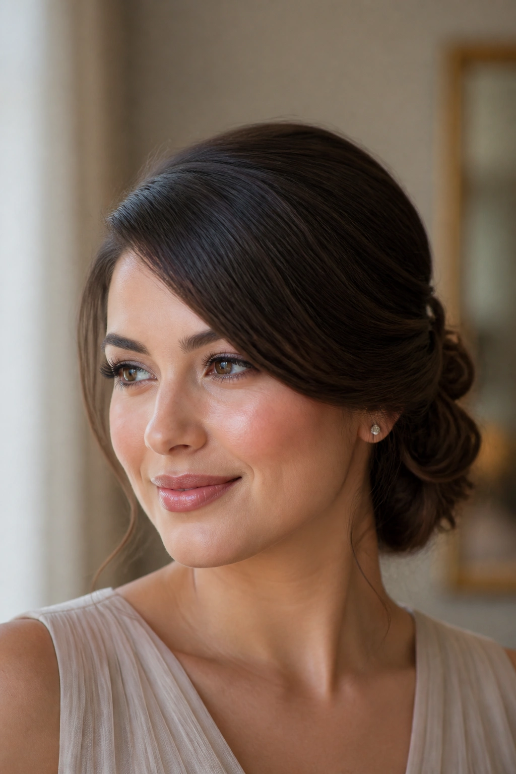 Close-up of a real woman with a side-swept chignon behind one ear
