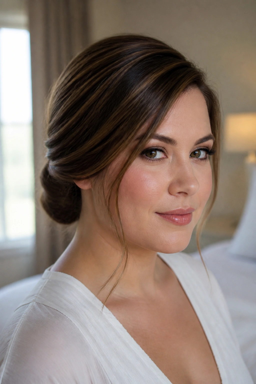 Close-up of a woman with a side-swept low chignon slimming the jawline with soft front pieces