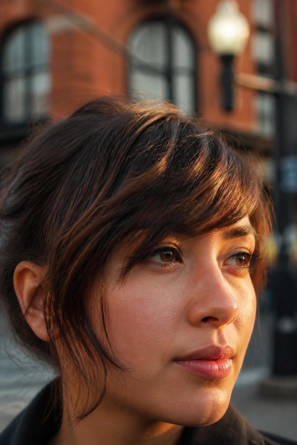 Close-up portrait of a real woman with side-swept choppy bangs